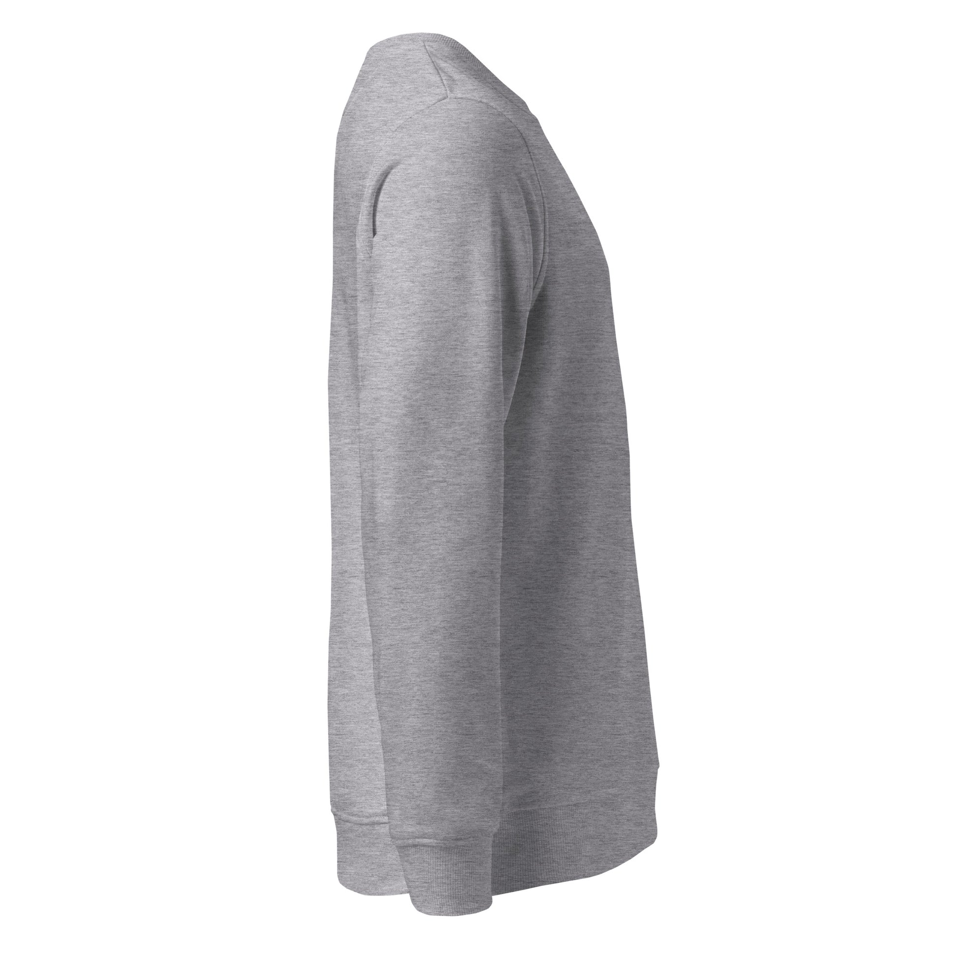 Side angle of a grey eco-friendly organic sweatshirt highlighting the clean minimalist wolf line art chest logo.