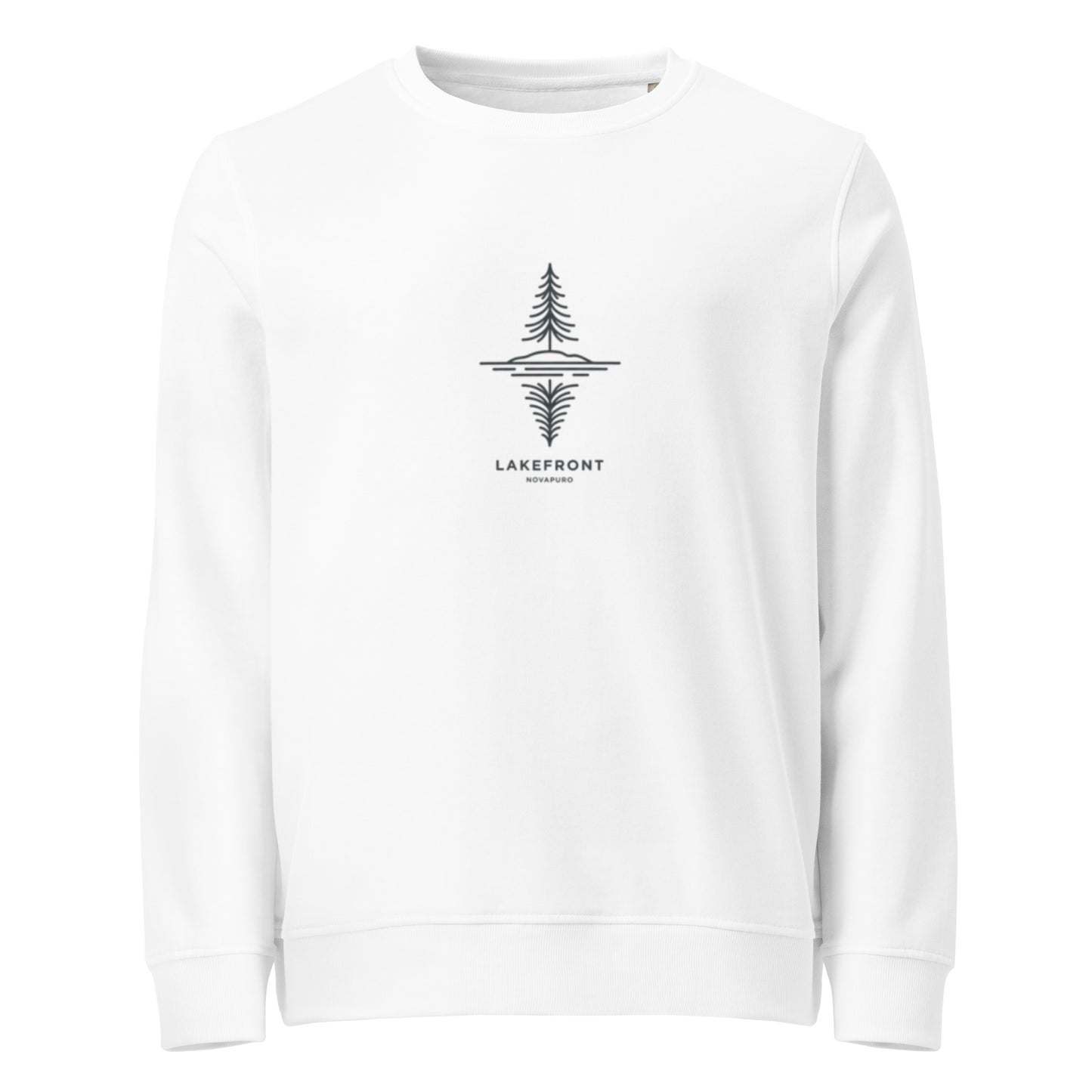 A model wearing a white premium organic sweatshirt featuring a minimalist line art illustration of a pine tree reflecting on a Nordic lake.