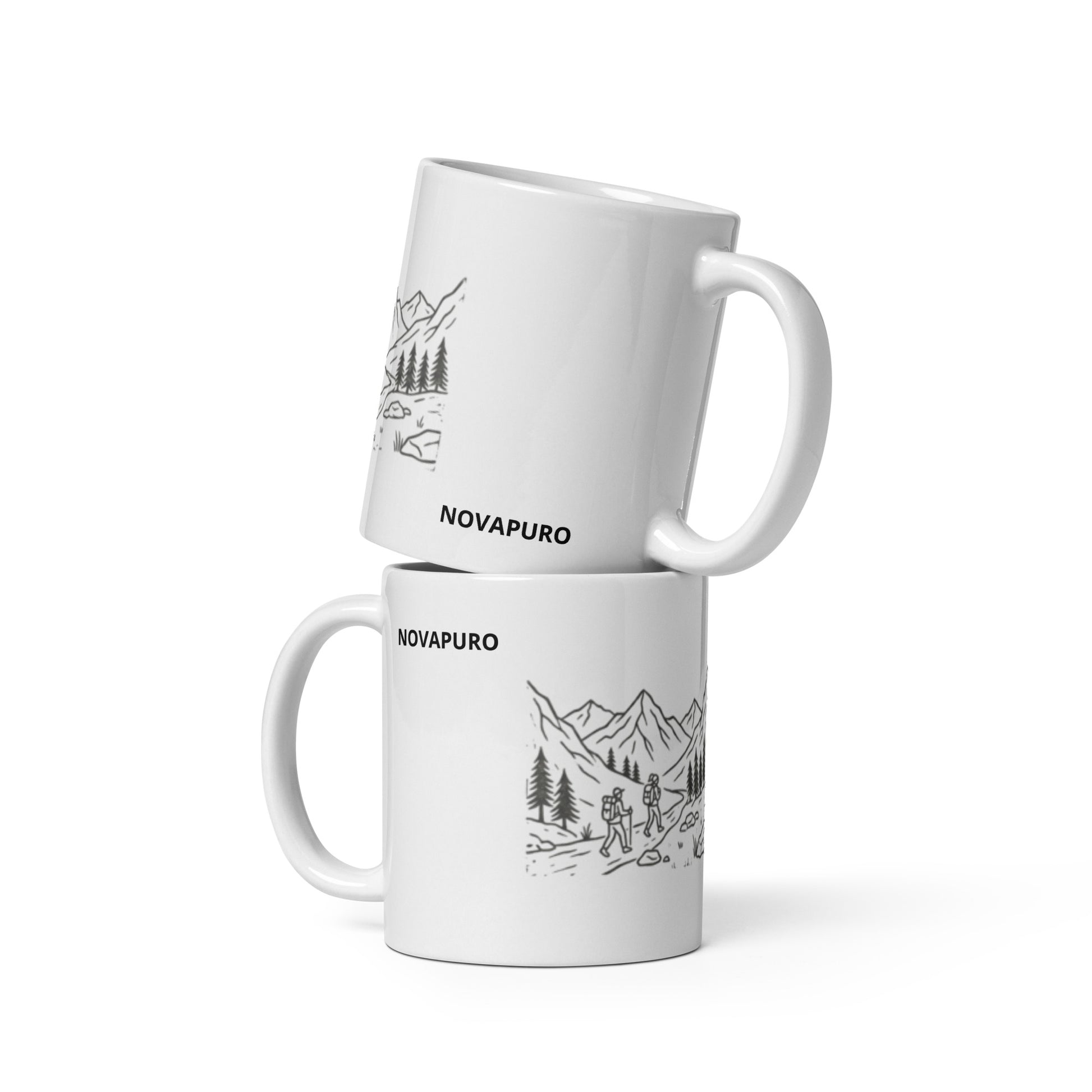 Novapuro Adventure Buddy ceramic coffee mug. Minimalist Nordic design featuring two hikers and mountain landscape. Perfect Valentine's Day gift for nature lovers and hiking friends. White glossy finish.