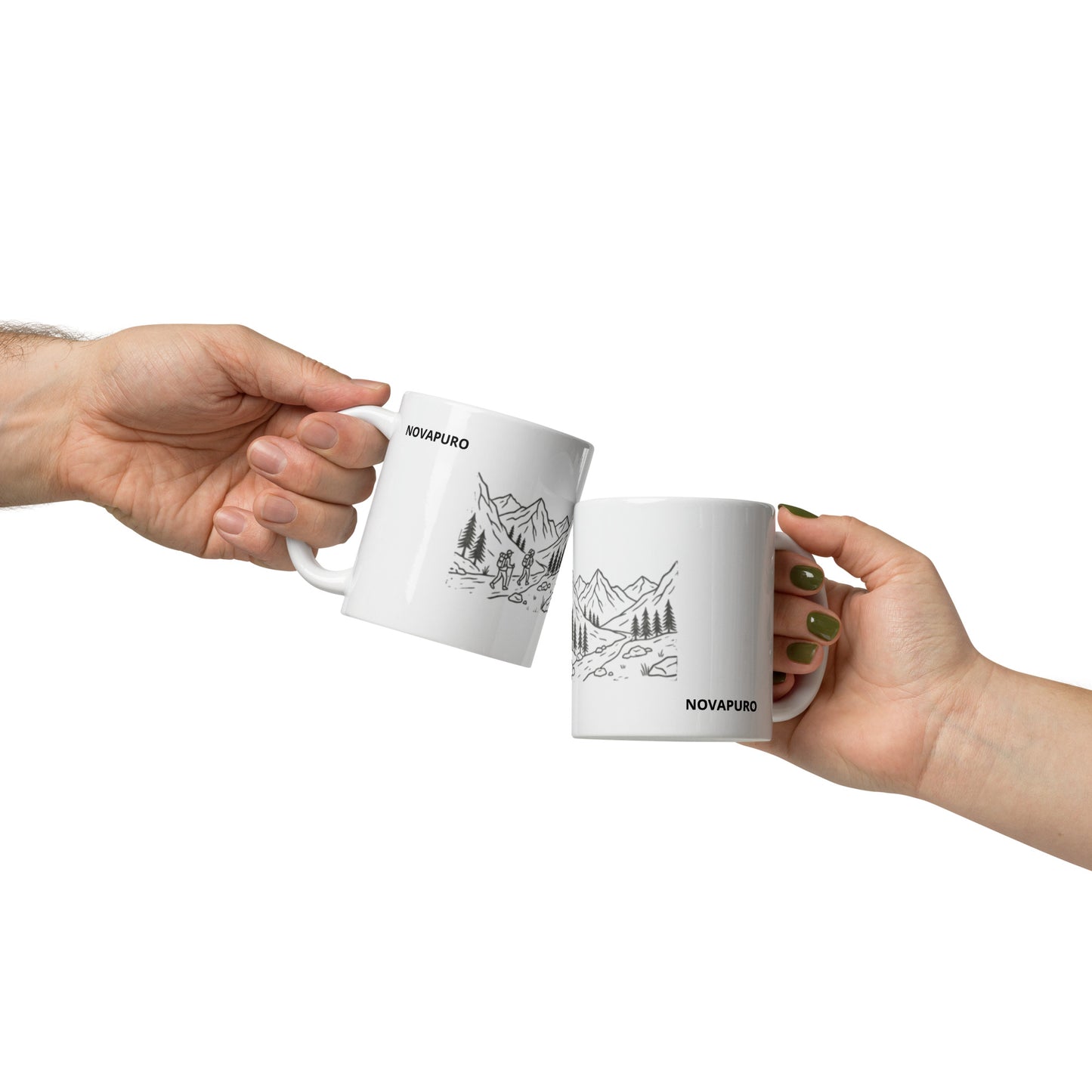 Novapuro Adventure Buddy ceramic coffee mug. Minimalist Nordic design featuring two hikers and mountain landscape. Perfect Valentine's Day gift for nature lovers and hiking friends. White glossy finish.