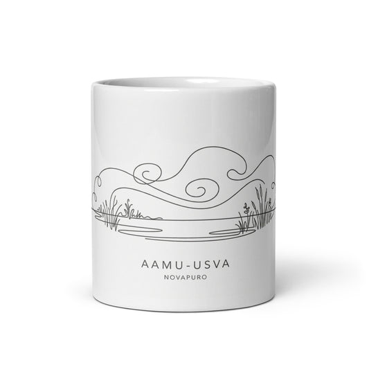 A white glossy coffee mug featuring a minimalist continuous black line illustration of morning mist over a Nordic lake, with the Finnish text "AAMU-USVA" below it.