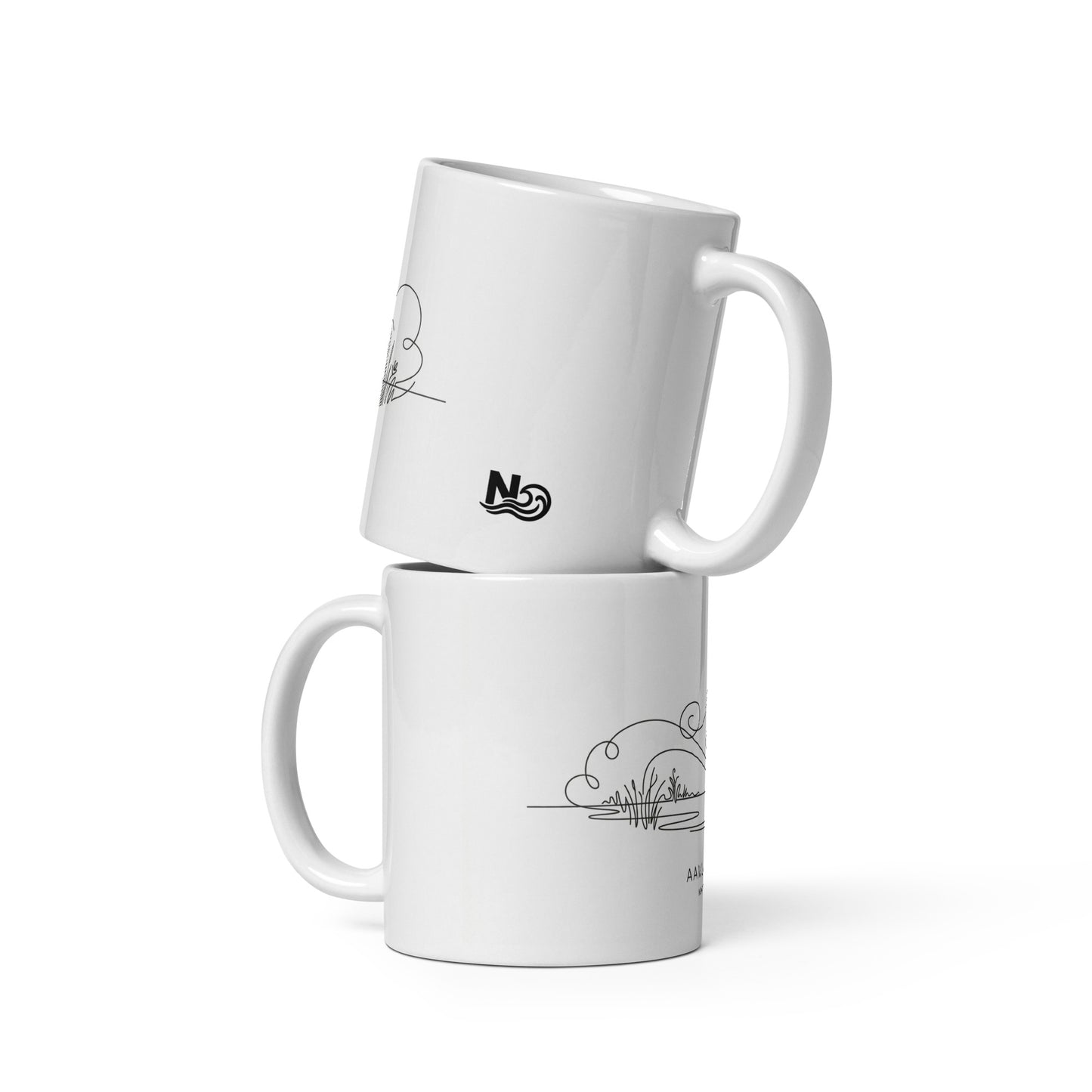A white glossy coffee mug featuring a minimalist continuous black line illustration of morning mist over a Nordic lake, with the Finnish text "AAMU-USVA" below it.