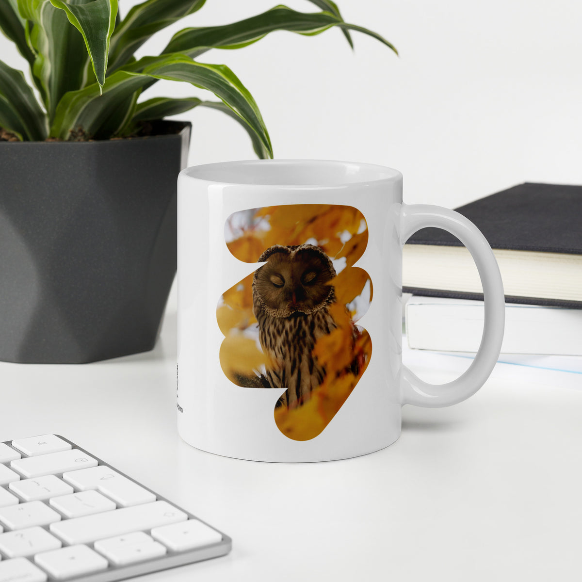 Premium white glossy ceramic coffee mug featuring a fine art nature photograph of a Nordic Ural owl from the Tarja x Novapuro collection.
Woman holding a white ceramic mug featuring a Nordic Ural owl nature photograph from the Tarja x Novapuro collection.