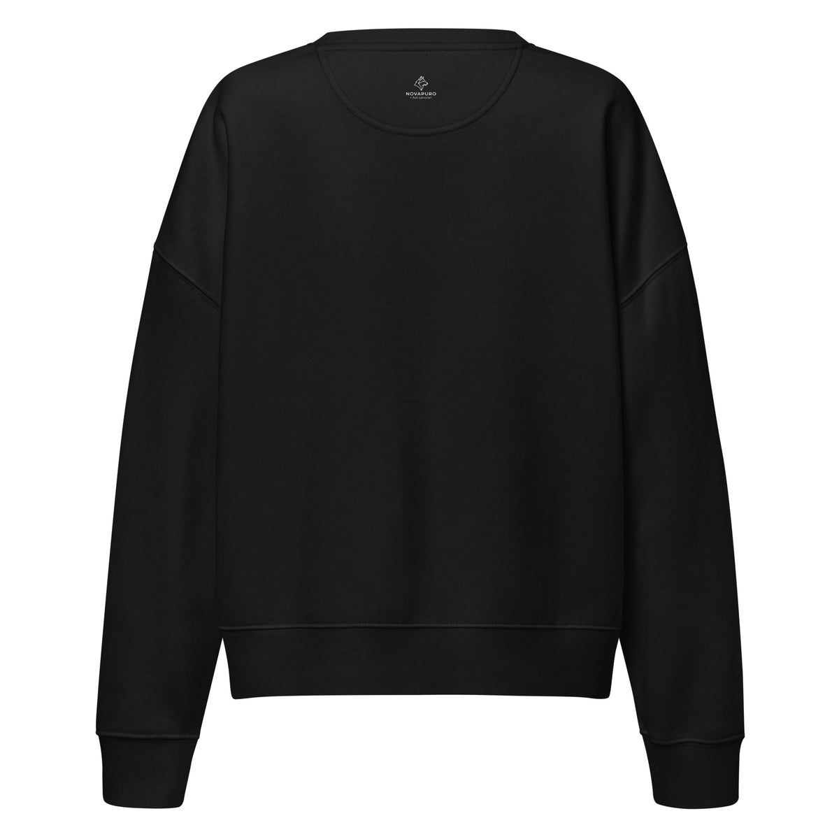 Black women's organic crew neck sweatshirt featuring a Nordic bear design and a subtle neck logo, a sustainable collaboration between Novapuro and Auli Leivonen.