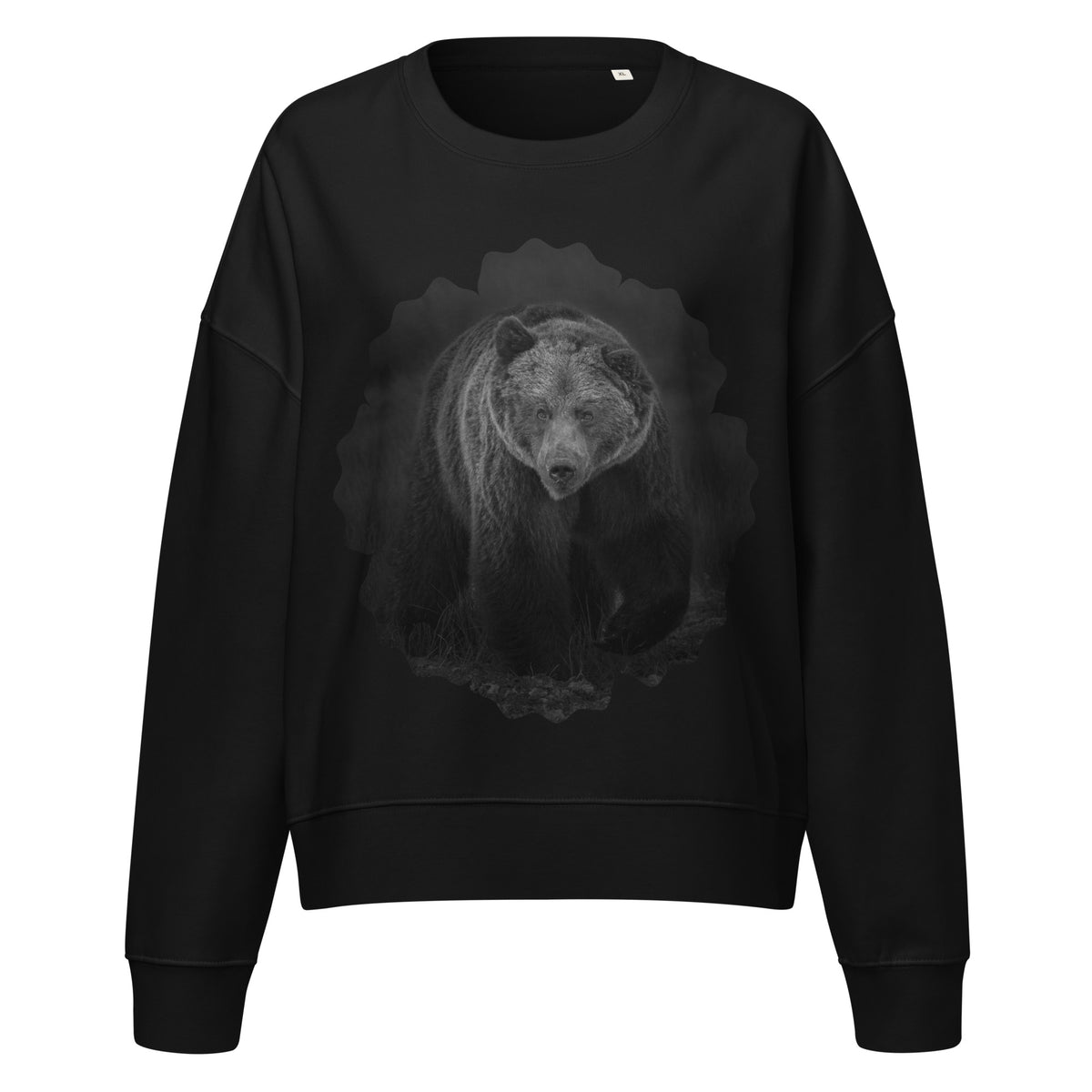 Black women's organic crew neck sweatshirt featuring a Nordic bear design and a subtle neck logo, a sustainable collaboration between Novapuro and Auli Leivonen.