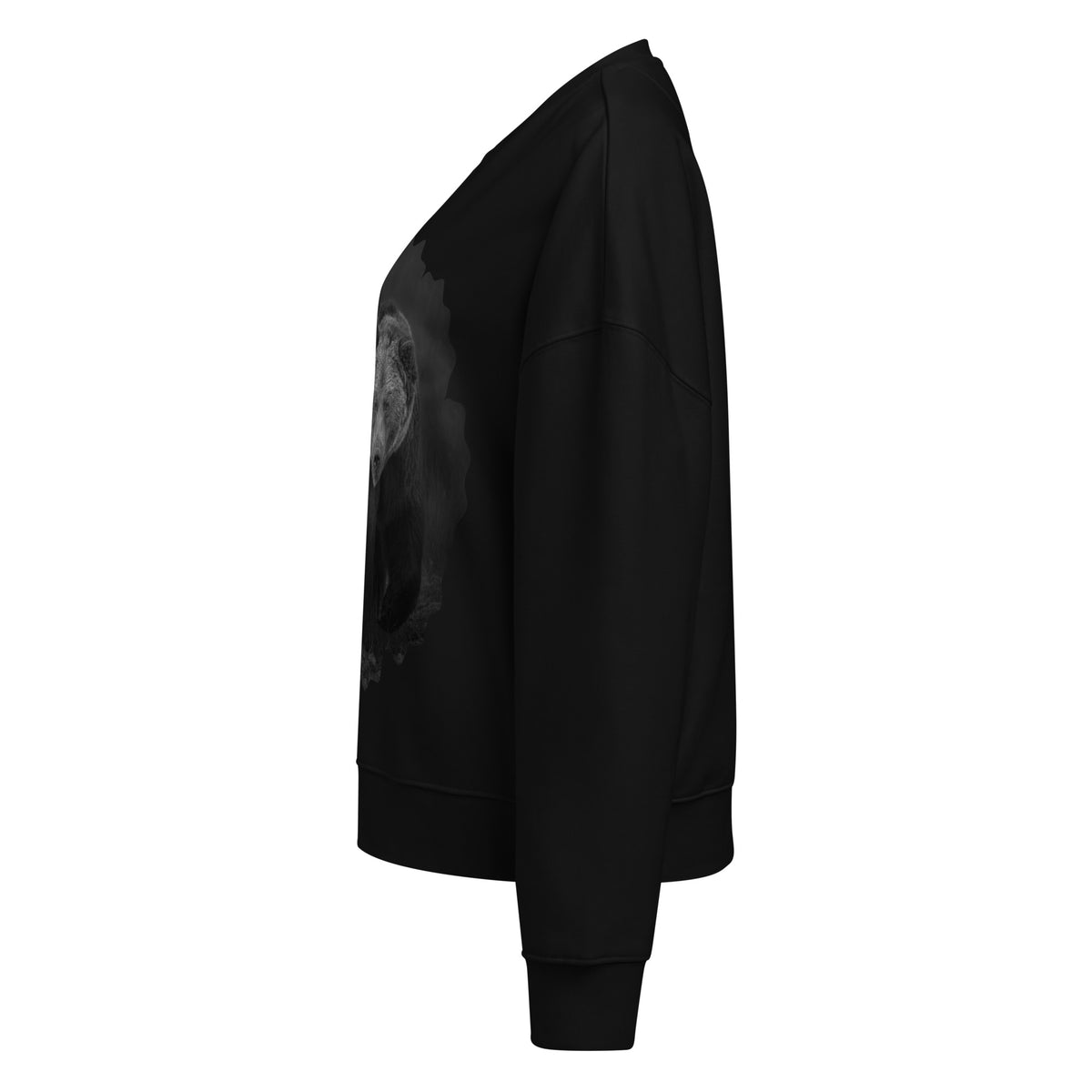 Black women's organic crew neck sweatshirt featuring a Nordic bear design and a subtle neck logo, a sustainable collaboration between Novapuro and Auli Leivonen.