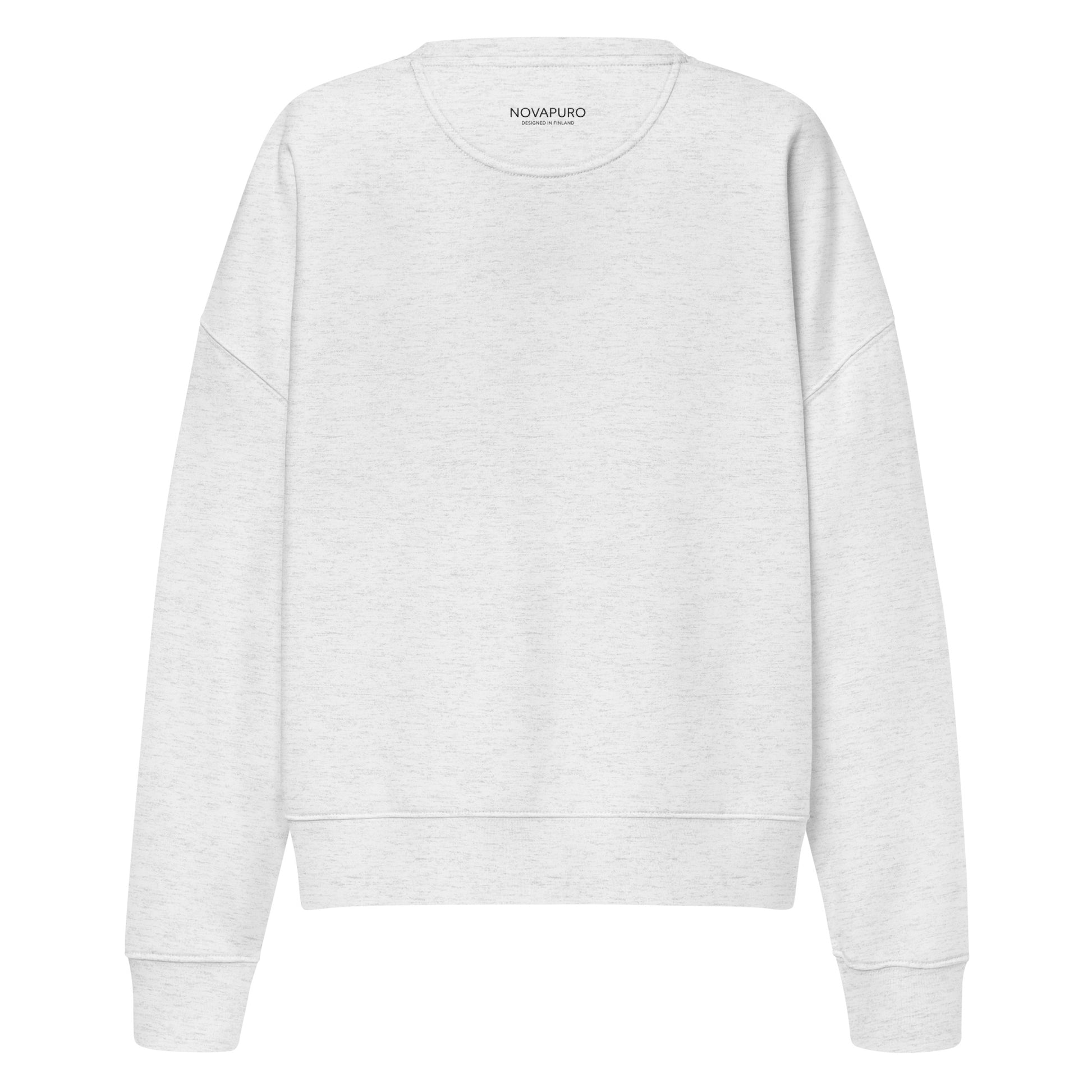 Back view of a plain white women's organic cotton crew neck sweatshirt showing the relaxed fit and ribbed bottom hem.