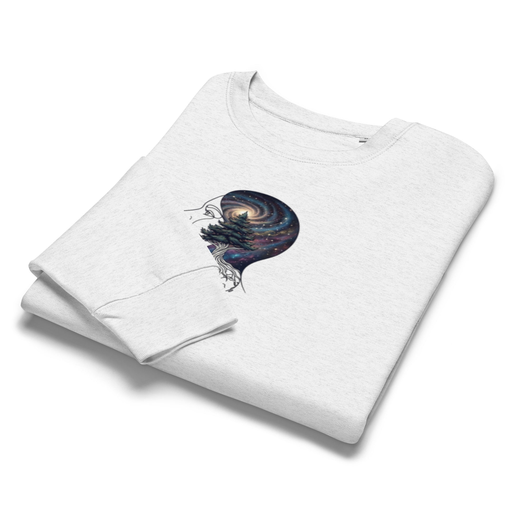 Folded white eco-friendly sweatshirt highlighting the detailed cosmic forest mind illustration on the chest.