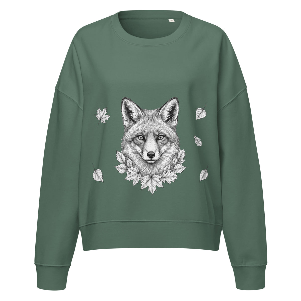 Front view of the green women's organic crewneck sweatshirt featuring a minimalist white Nordic fox illustration.