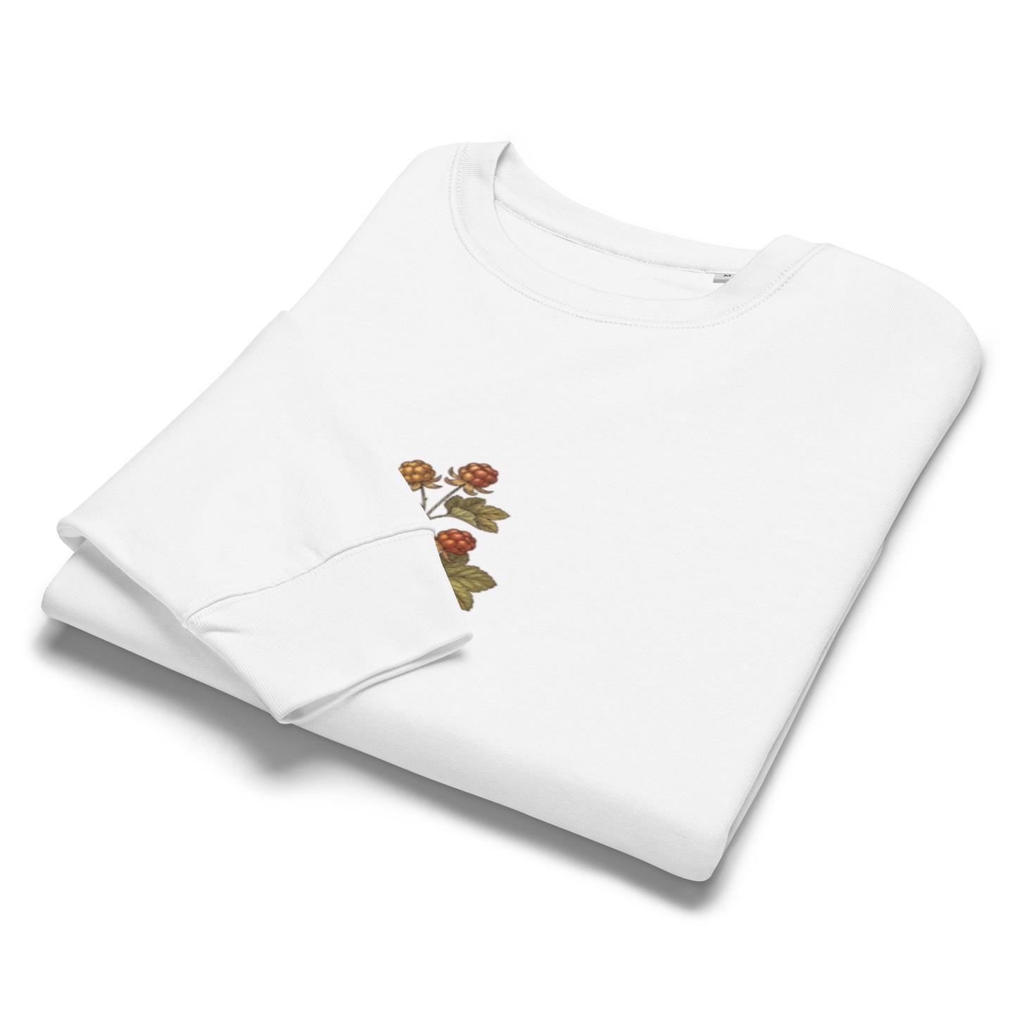 Folded white Novapuro Nordic Cloudberry eco-friendly sweatshirt highlighting the botanical graphic.