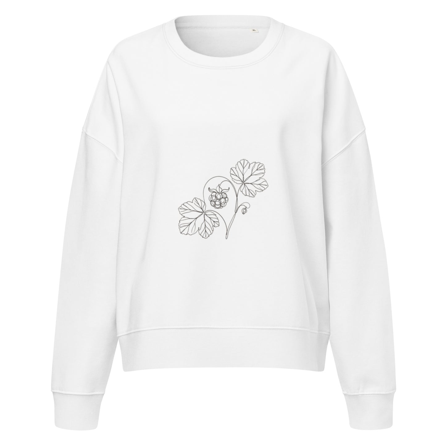 White Novapuro women's organic cotton crewneck sweatshirt hanging on a black garment rack, featuring a minimalist botanical cloudberry line art illustration on the left chest
