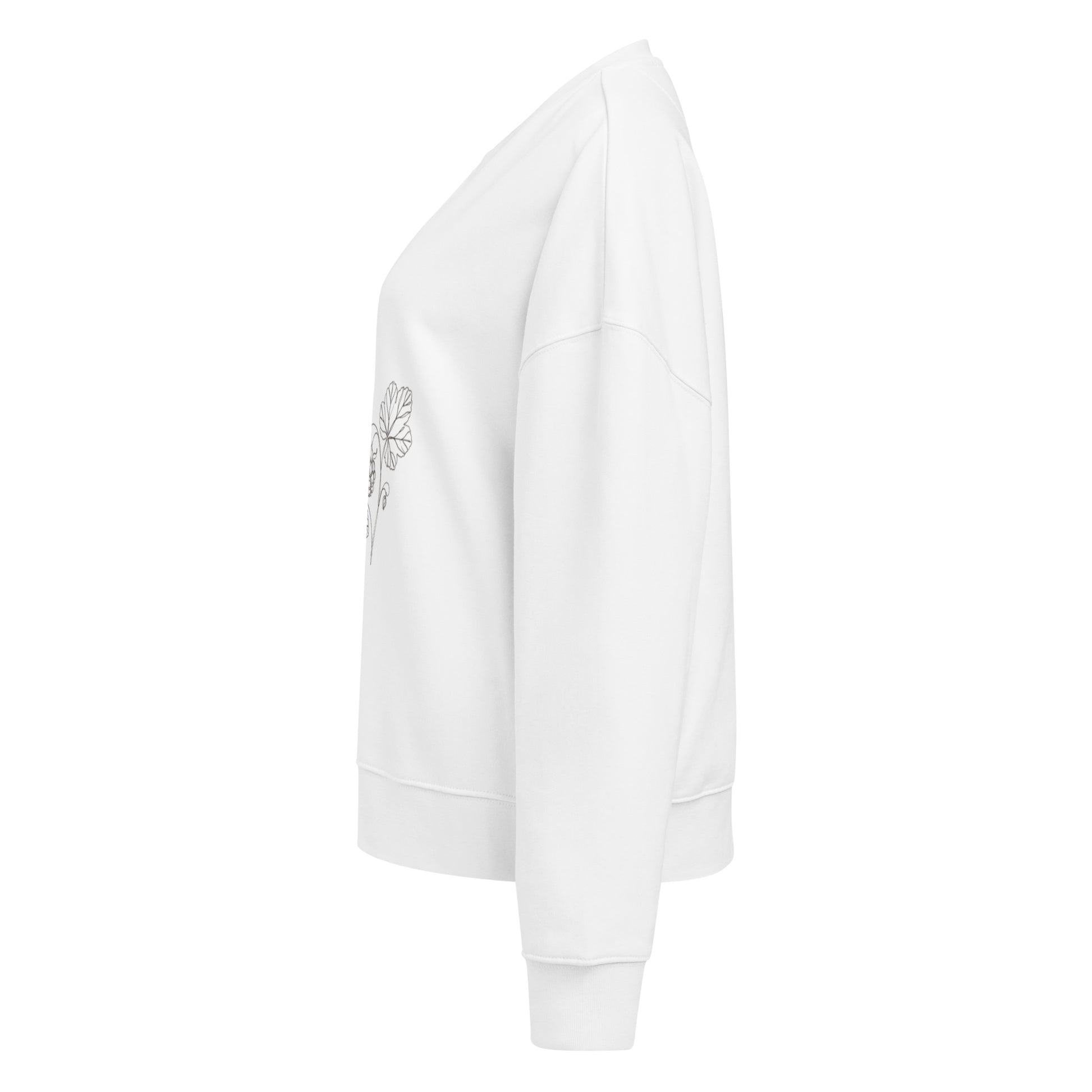 Side profile of the off-white Novapuro women's organic cotton sweatshirt featuring dropped shoulders and ribbed cuffs