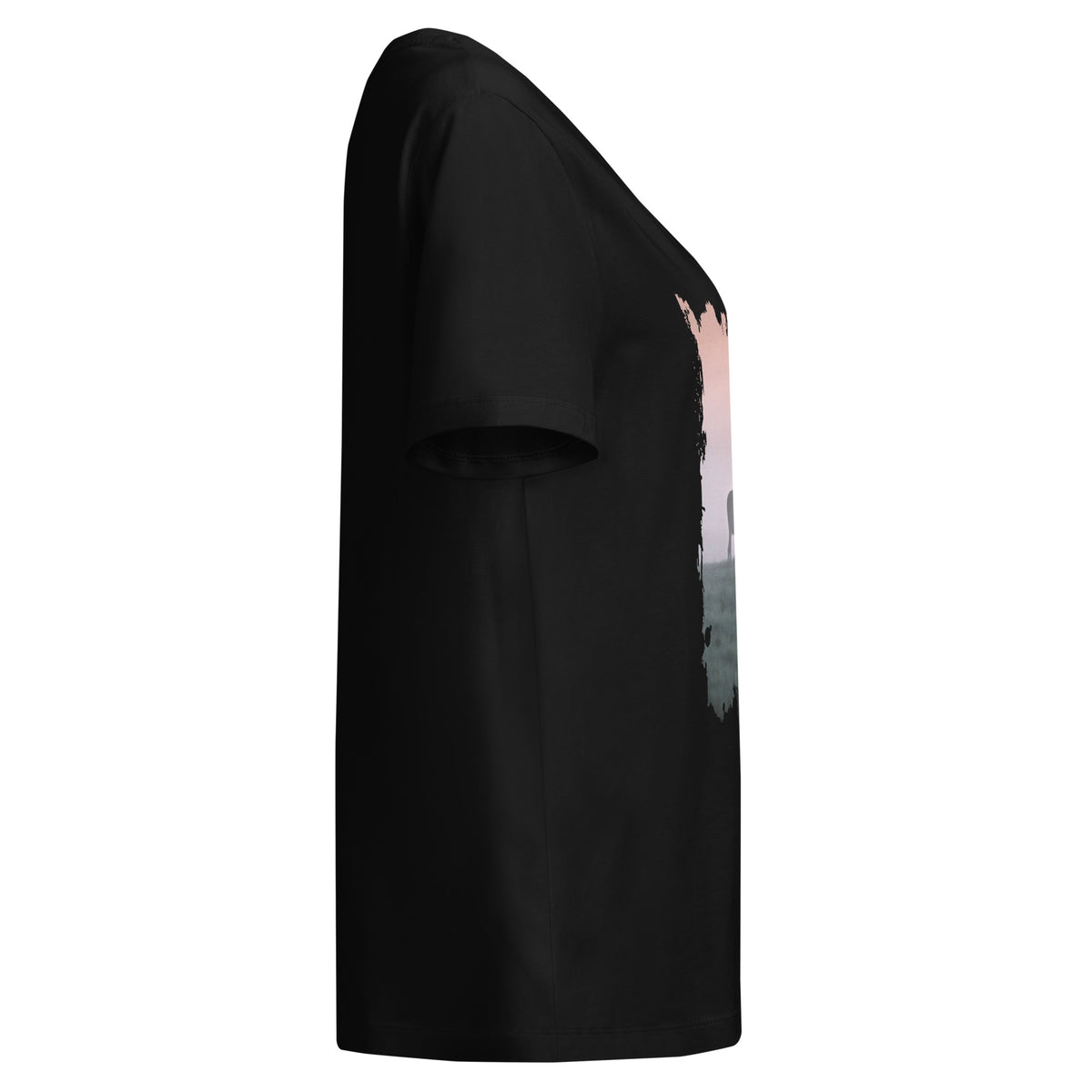 Front view of the eco-friendly women's t-shirt in black, showcasing the artistic 'Forest King' distressed edge print.