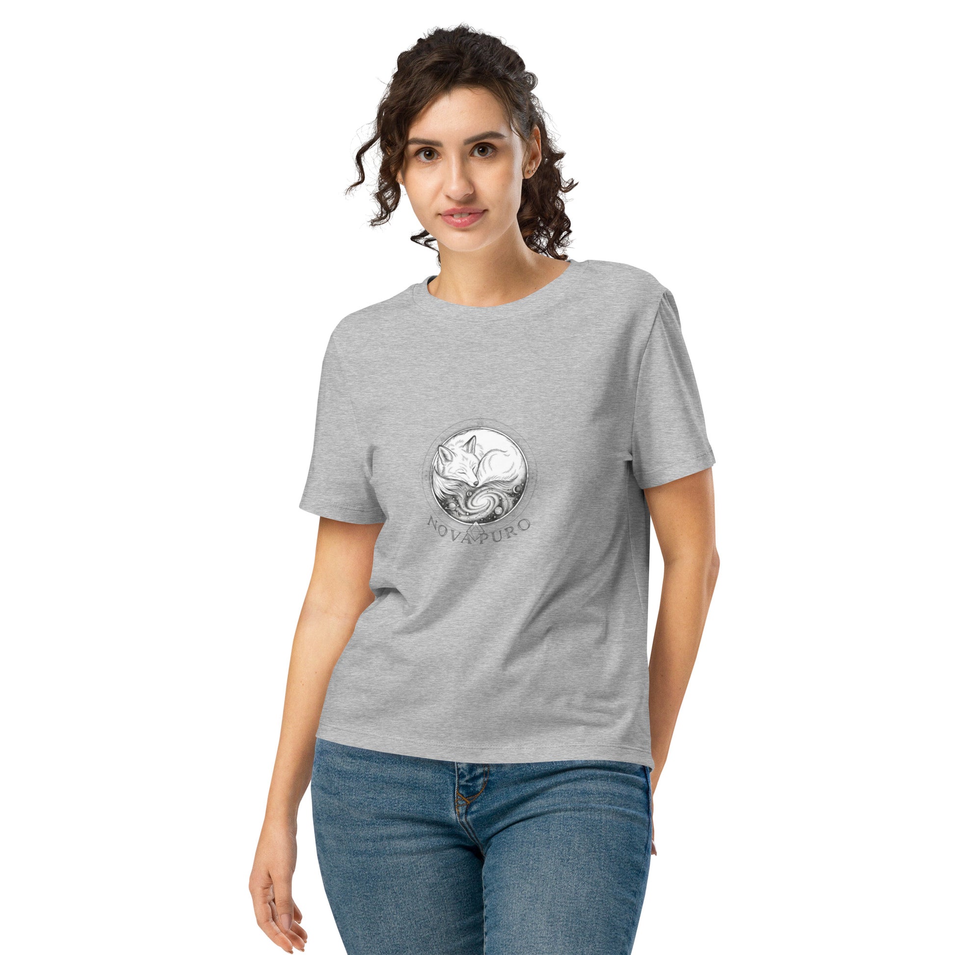 Front view of a female model wearing the grey Novapuro women's organic cotton t-shirt with the mystic cosmic fox design.