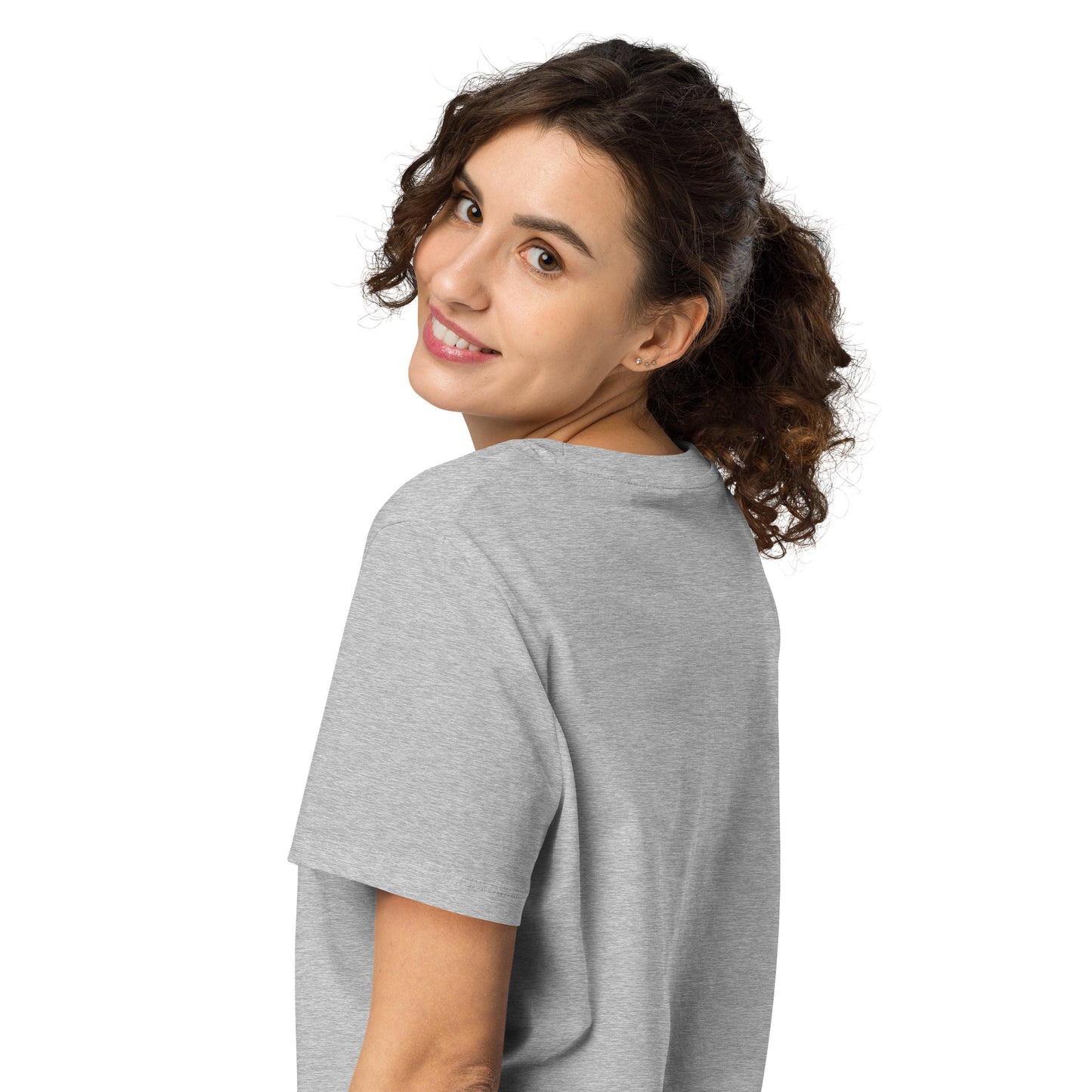 PBack view of a female model modeling the sustainable and comfortable grey Novapuro women's organic tee.