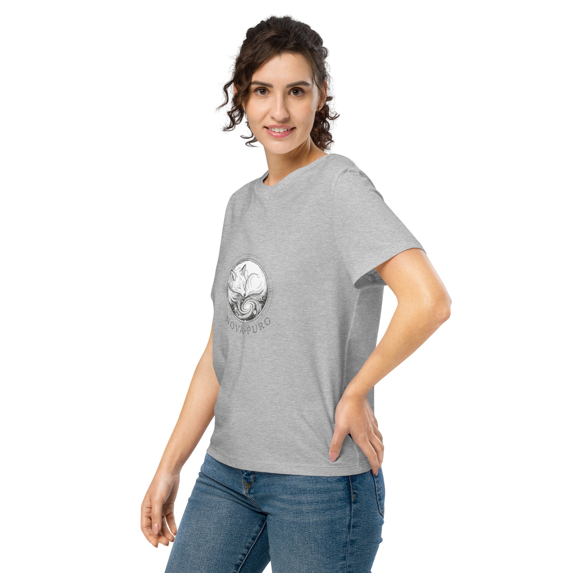 Side angle of a female model wearing the eco-friendly grey Novapuro cosmic fox t-shirt.