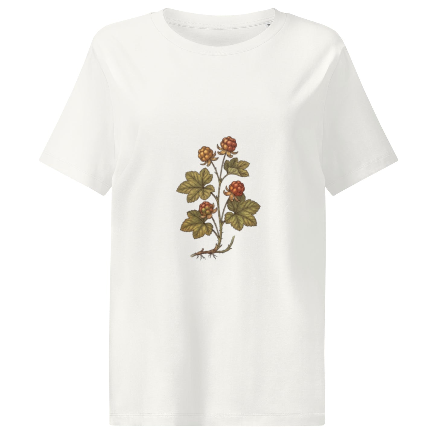 Front view of the white Novapuro Nordic Cloudberry women's eco-friendly t-shirt.