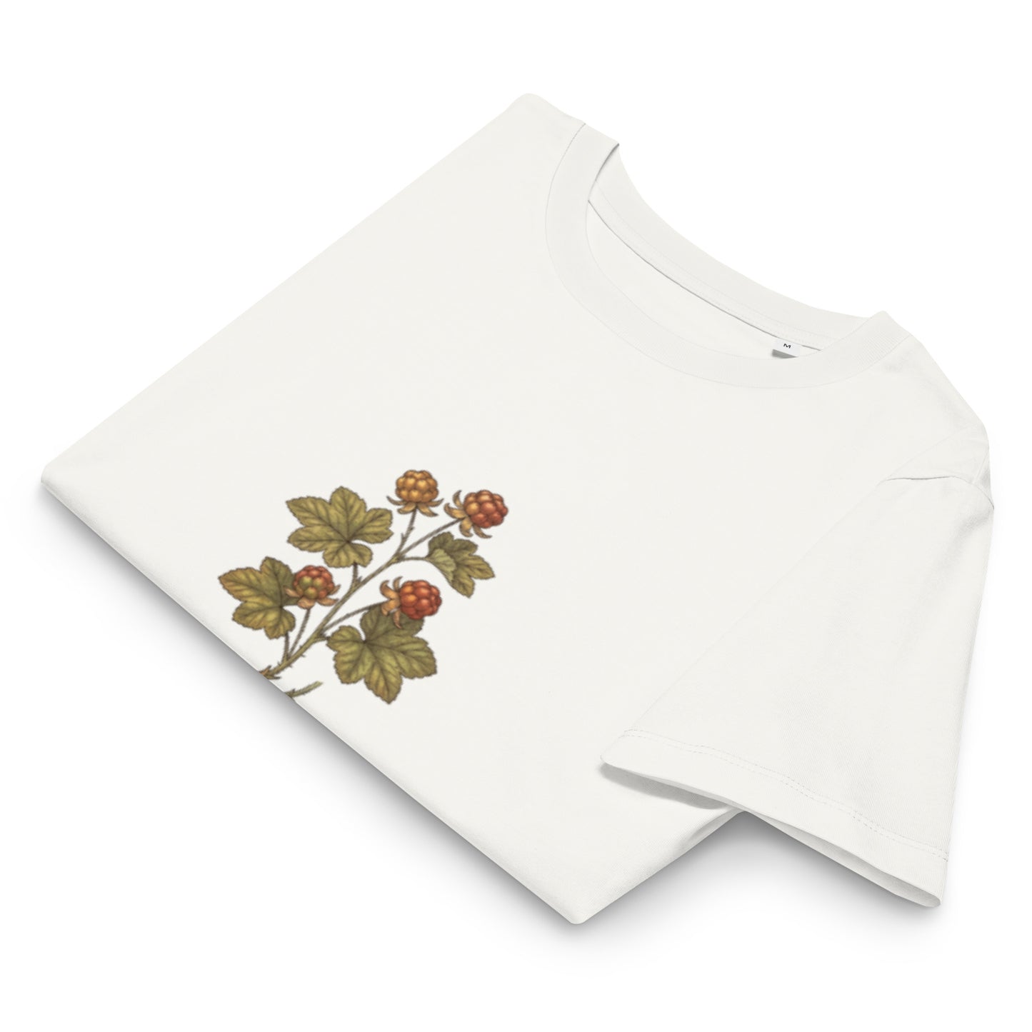 Folded white Novapuro Nordic Cloudberry eco-friendly t-shirt highlighting the botanical graphic.