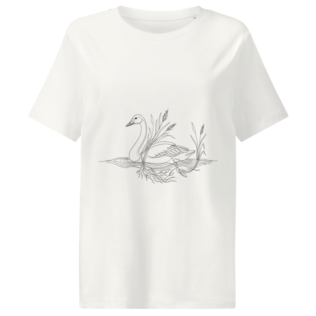 Front view of the women's minimalist organic cotton t-shirt featuring a delicate Nordic swan graphic by Novapuro.