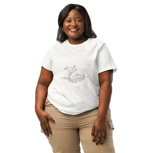 Lifestyle shot of a woman wearing the sustainable Novapuro Nordic swan organic cotton ribbed neck t-shirt.