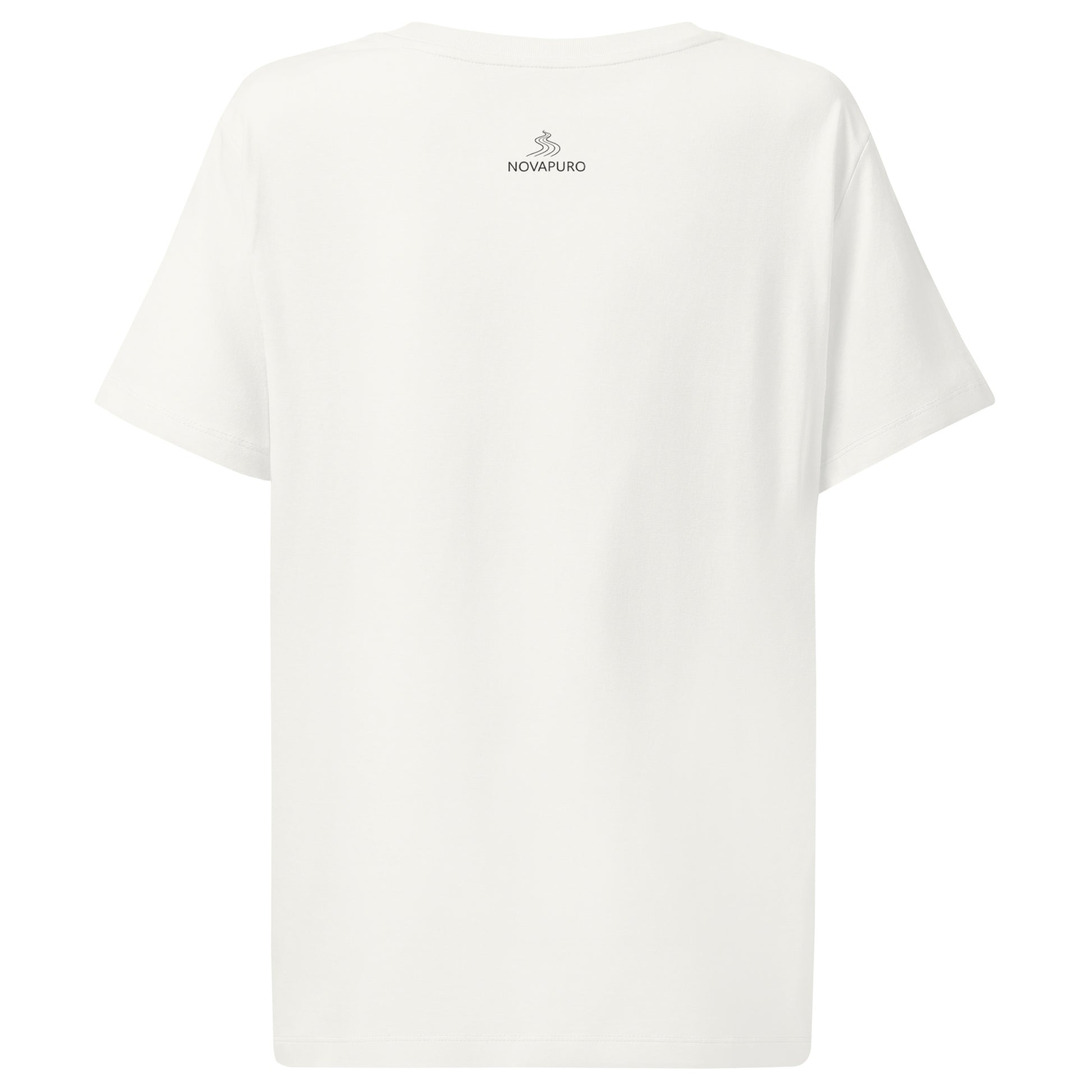 Model wearing a white organic cotton ribbed t-shirt with a minimalist spring bud graphic by Novapuro