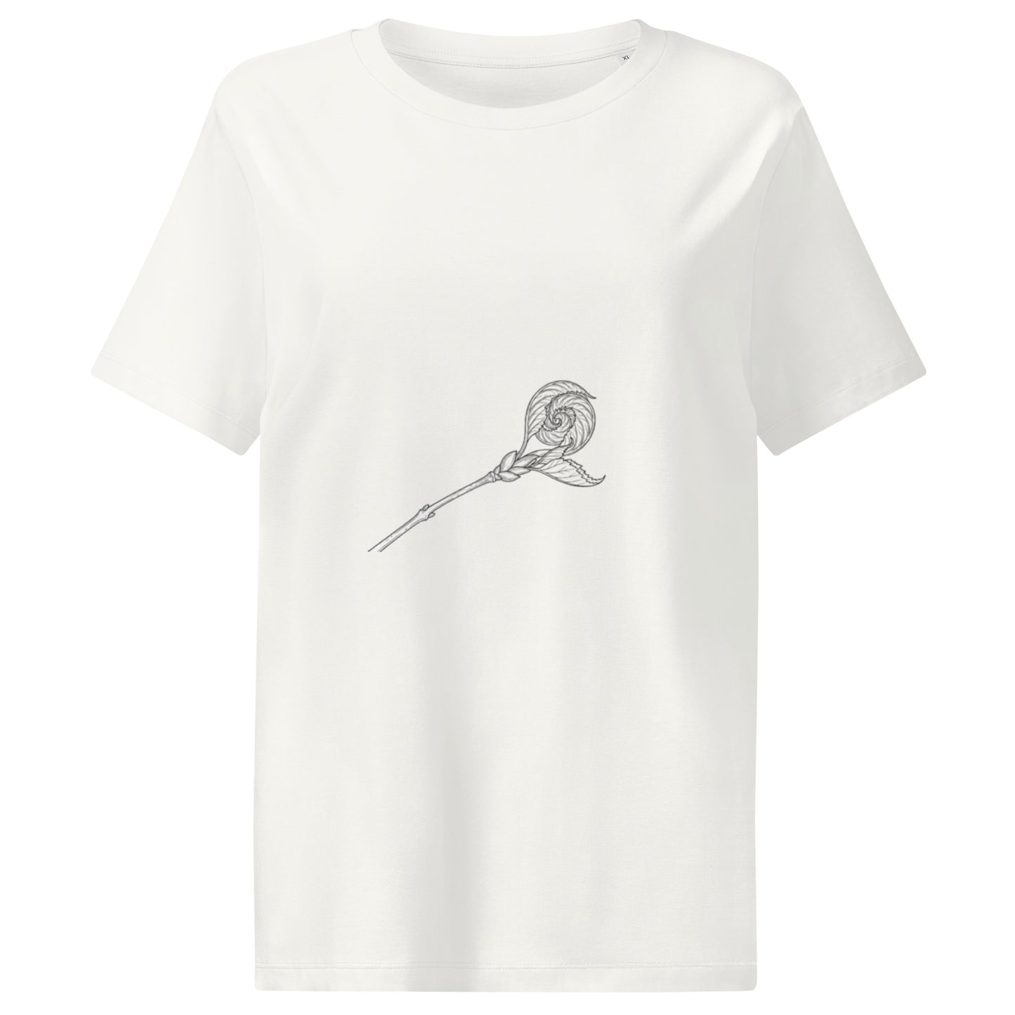 Model wearing a white organic cotton ribbed t-shirt with a minimalist spring bud graphic by Novapuro