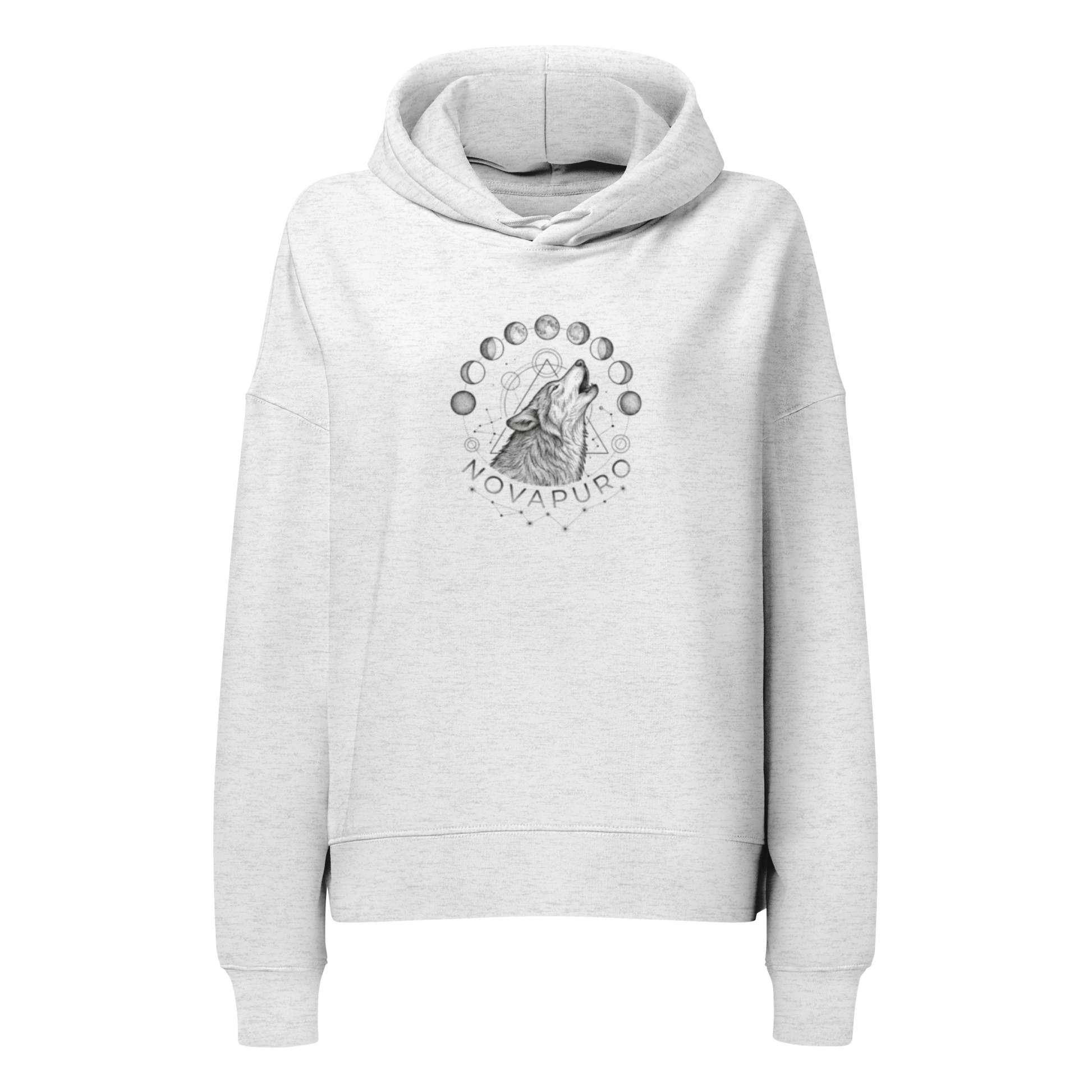 White premium women's organic mid-weight hoodie featuring a minimalist double exposure Lunar Wolf and moon phases graphic. Sustainable Nordic streetwear.