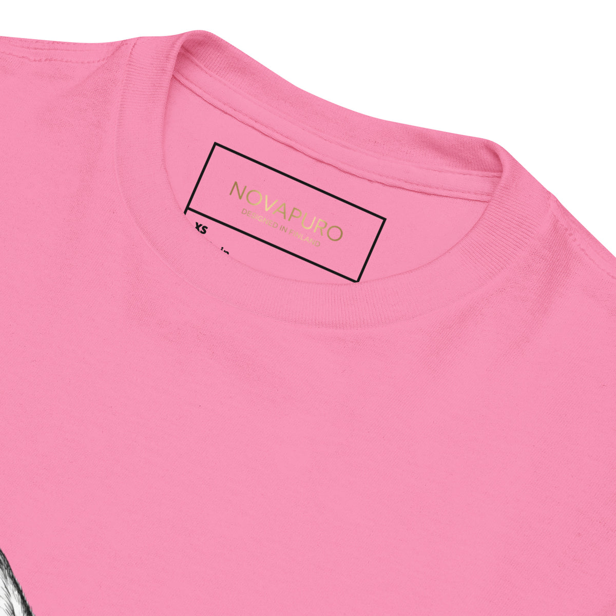 Close-up of the exclusive fine-line Nordic fox wildlife sketch on a high-quality breathable pink cotton children's t-shirt.